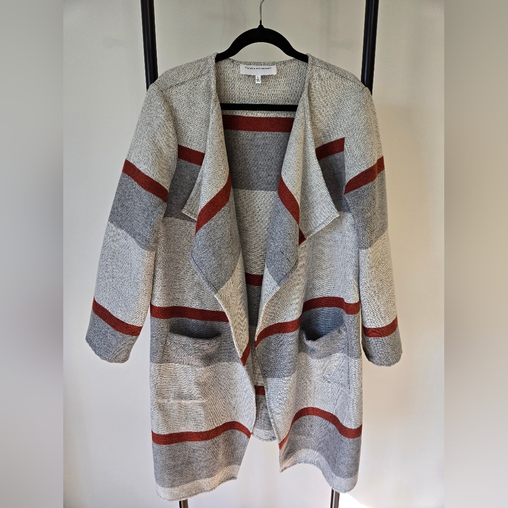 Cupcakes & Cashmere LARGE long Cardigan Duster Sweater Striped Neutral Greys Tan
